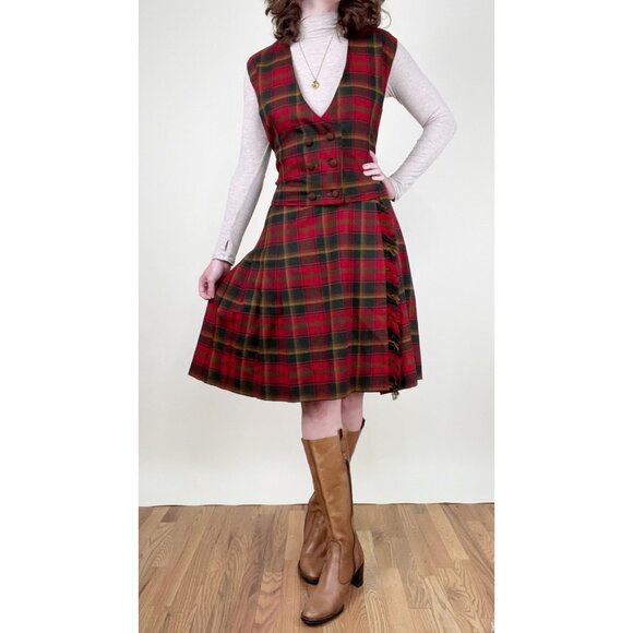 Vintage Handmade Matching Midi Skirt Vest Set Suit Plaid Wool Fall Octoberfest - Picture 5 of 7
